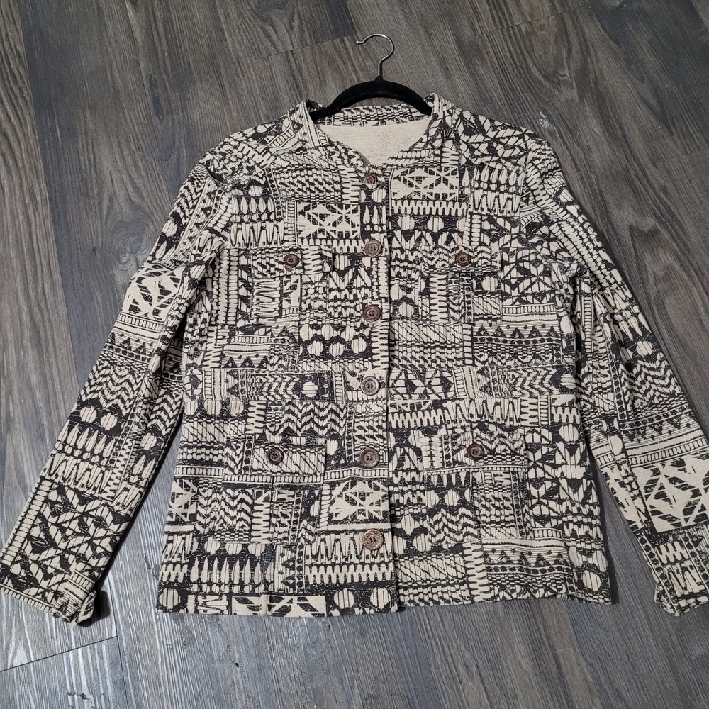 Charter Club Tan Jacket Beige 80s 90s Ethnic Geo Print Size M Button Up Cotton